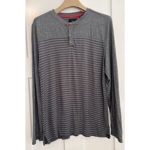 Mountain and Isles Mens Large Henley Long Sleeve Dark Gray Black Striped Stretch